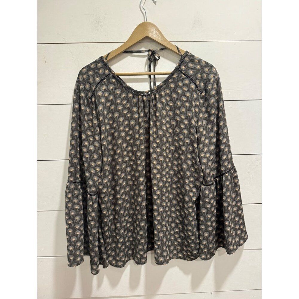 Loft Peacock Feather Print Bell Sleeve Blouse Sz Large